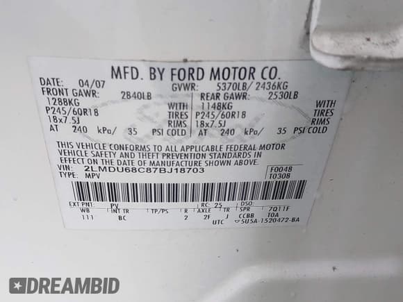 ✅ 2007 Lincoln MKX • VIN: 2LMDU68C87BJ18703 • Lot: 43765369. Listed on IAAI with 241,502 mi. Free auction sales archive from the USA and detailed vehicle history report at DreamBid. Image 9.