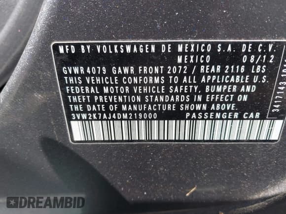 ✅ 2013 Volkswagen Jetta S • VIN: 3VW2K7AJ4DM219000 • Lot: 41855422. Listed on IAAI with 150,015 mi. Free auction sales archive from the USA and detailed vehicle history report at DreamBid. Image 9.