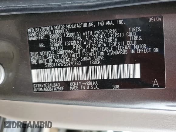 ✅ 2005 Toyota Tundra Limited • VIN: 5TBDT48175S470780 • Лот: 91911685. Опубликован ранее на Copart с пробегом 147 733 миль. Бесплатный доступ к архиву аукционных продаж из США и подробный отчёт об истории автомобиля на DreamBid. Изображение 13.