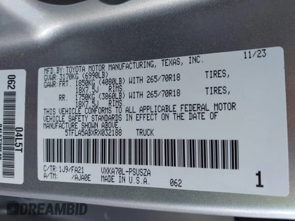 ✅ 2024 Toyota Tundra SR5 • VIN: 5TFLA5ABXRX032188 • Lot: 41848684. Listed on IAAI with 14,461 mi. Free auction sales archive from the USA and detailed vehicle history report at DreamBid. Image 9.