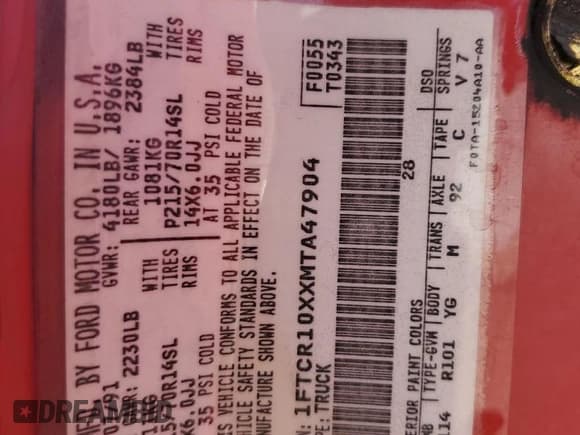 ✅ 1991 Ford Ranger Splash • VIN: 1FTCR10XXMTA47904 • Lot: 85566634. Listed on Copart with 39,495 mi. Free auction sales archive from the USA and detailed vehicle history report at DreamBid. Image 13.