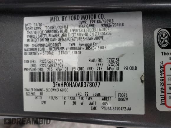 ✅ 2010 Ford Fusion SE • VIN: 3FAHP0HA0AR378077 • Lot: 82573975. Listed on Copart with 173,507 mi. Free auction sales archive from the USA and detailed vehicle history report at DreamBid. Image 12.