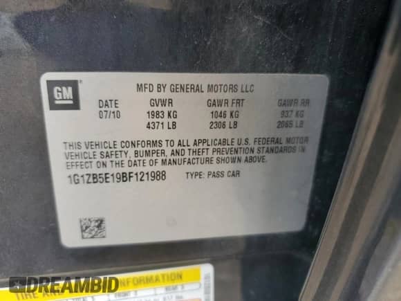2011 Chevrolet Malibu 1LS with VIN 1G1ZB5E19BF121988, listed as a Copart auction lot 71612334 with 150,337 mi miles and Clean title. Bid and sale history available at DreamBid. Image 12.
