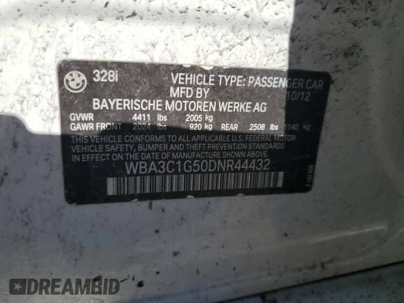 2013 BMW 3 Series 328i z VIN WBA3C1G50DNR44432, wystawiony jako Copart lot #82661375 z przebiegiem 115 412 mil mil oraz Czysty tytuł • Clean title. Historia ofert i sprzedaży dostępna na DreamBid. Obrazek 12.