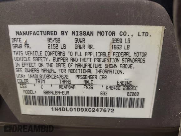 ✅ 1999 Nissan Altima XE • VIN: 1N4DL01D9XC247672 • Lot: 42645751. Listed on IAAI with 249,729 mi. Free auction sales archive from the USA and detailed vehicle history report at DreamBid. Image 9.