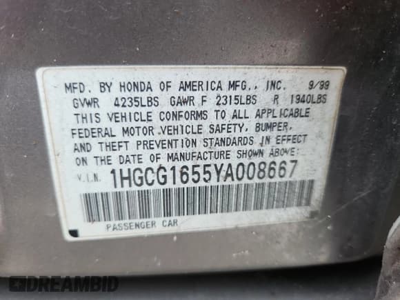 ✅ 2000 Honda Accord EX • VIN: 1HGCG1655YA008667 • Lot: 72018905. Listed on Copart with Not provided. Free auction sales archive from the USA and detailed vehicle history report at DreamBid. Image 12.