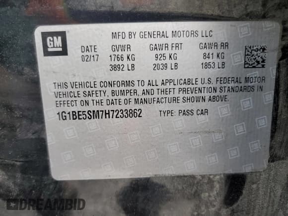 ✅ 2017 Chevrolet Cruze LT • VIN: 1G1BE5SM7H7233862 • Lot: 73367932. Listed on Copart with 47,342 mi. Free auction sales archive from the USA and detailed vehicle history report at DreamBid. Image 14.