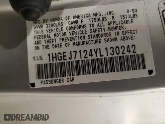 ✅ 2000 Honda Civic HX • VIN: 1HGEJ7124YL130242 • Lot: 66569635. Listed on Copart with 132,041 mi. Free auction sales archive from the USA and detailed vehicle history report at DreamBid. Image 12.