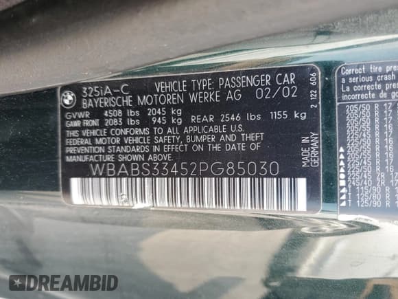 ✅ 2002 BMW 3 Series 325Ci • VIN: WBABS33452PG85030 • Lot: 71055105. Listed on Copart with 146,666 mi. Free auction sales archive from the USA and detailed vehicle history report at DreamBid. Image 12.