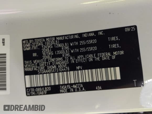 ✅ 2026 Toyota Highlander Platinum • VIN: 5TDAAAB5XTS104478 • Лот: 43550189. Опубликован ранее на IAAI с пробегом 2 409 миль. Бесплатный доступ к архиву аукционных продаж из США и подробный отчёт об истории автомобиля на DreamBid. Изображение 9.