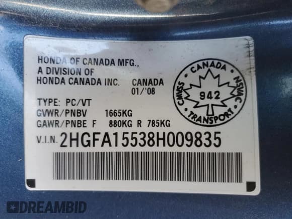 ✅ 2008 Honda Civic LX • VIN: 2HGFA15538H009835 • Lot: 85956835. Listed on Copart with 290,967 mi. Free auction sales archive from the USA and detailed vehicle history report at DreamBid. Image 12.