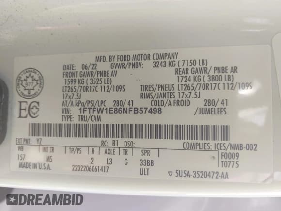 ✅ 2022 Ford F-150 XL • VIN: 1FTFW1E86NFB57498 • Lot: 43223589. Listed on IAAI with 63,536 mi. Free auction sales archive from the USA and detailed vehicle history report at DreamBid. Image 9.