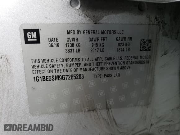 ✅ 2016 Chevrolet Cruze LT • VIN: 1G1BE5SM9G7285203 • Lot: 44303193. Listed on Copart with 102,712 mi. Free auction sales archive from the USA and detailed vehicle history report at DreamBid. Image 12.