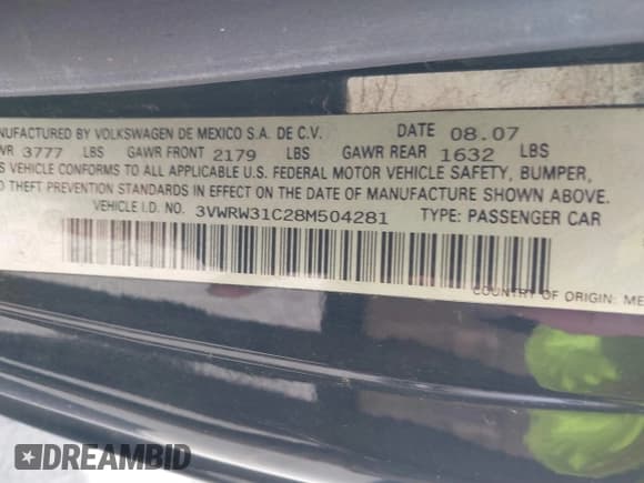 ✅ 2008 Volkswagen Beetle S • VIN: 3VWRW31C28M504281 • Lot: 41684188. Listed on IAAI with 95,235 mi. Free auction sales archive from the USA and detailed vehicle history report at DreamBid. Image 9.