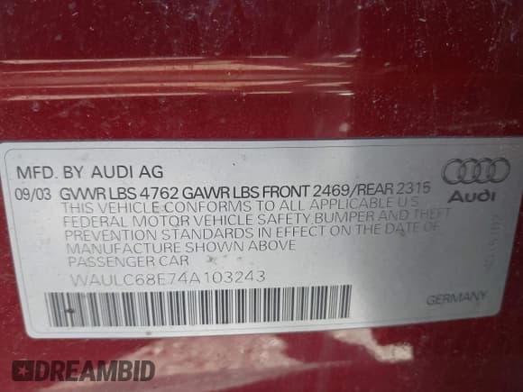✅ 2004 Audi A4 1.8T • VIN: WAULC68E74A103243 • Lot: 42599488. Listed on IAAI with Not provided. Free auction sales archive from the USA and detailed vehicle history report at DreamBid. Image 9.