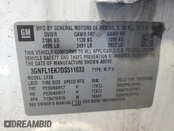 ✅ 2013 Chevrolet Captiva Sport LS • VIN: 3GNFL1EK7DS511633 • Лот: 85088225. Опубликован ранее на Copart с пробегом 215 622 миль. Бесплатный доступ к архиву аукционных продаж из США и подробный отчёт об истории автомобиля на DreamBid. Изображение 13.