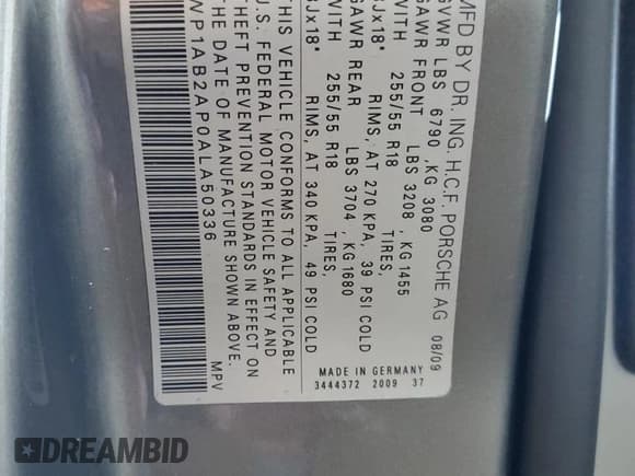 ✅ 2010 Porsche Cayenne • VIN: WP1AB2AP0ALA50336 • Lot: 62089865. Listed on Copart with 153,942 mi. Free auction sales archive from the USA and detailed vehicle history report at DreamBid. Image 13.