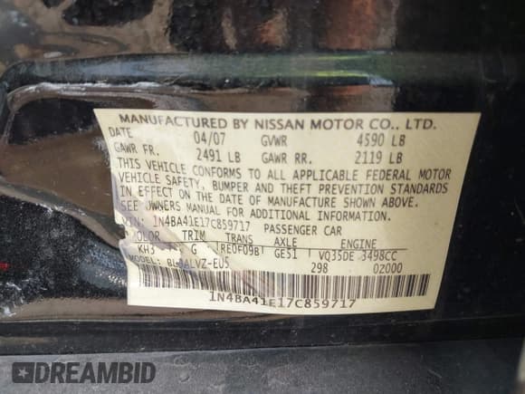 ✅ 2007 Nissan Maxima SL • VIN: 1N4BA41E17C859717 • Лот: 42315720. Опубликован ранее на IAAI с пробегом 59 506 миль. Бесплатный доступ к архиву аукционных продаж из США и подробный отчёт об истории автомобиля на DreamBid. Изображение 9.