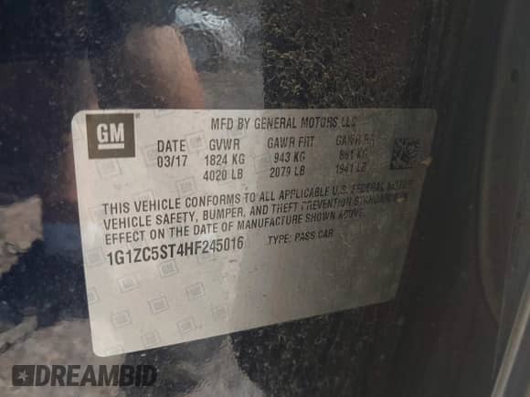 2017 Chevrolet Malibu LS with VIN 1G1ZC5ST4HF245016, listed as a IAAI auction lot 42459208 with 93,008 mi miles and . Bid and sale history available at DreamBid. Image 9.