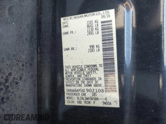 ✅ 2016 Nissan Maxima S • VIN: 1N4AA6AP5GC902108 • Lot: 41800062. Listed on IAAI with 161,492 mi. Free auction sales archive from the USA and detailed vehicle history report at DreamBid. Image 9.