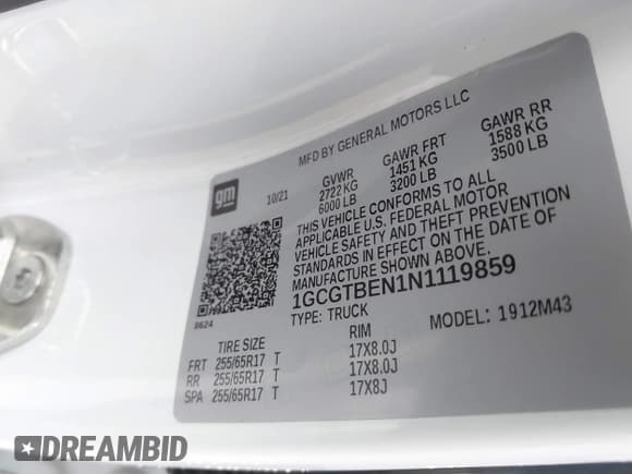 ✅ 2022 Chevrolet Colorado 4WD Work Truck • VIN: 1GCGTBEN1N1119859 • Lot: 43706685. Listed on IAAI with 123,451 mi. Free auction sales archive from the USA and detailed vehicle history report at DreamBid. Image 9.