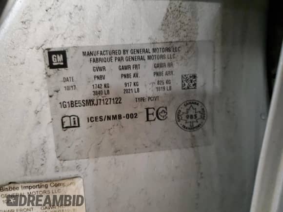 2018 Chevrolet Cruze LT с VIN 1G1BE5SMXJ7127122, выставлен на аукционе Copart как лот 53441135 с пробегом Не указан миль и Чистый • Clean title. История ставок и продаж доступна на DreamBid. Изображение 13.