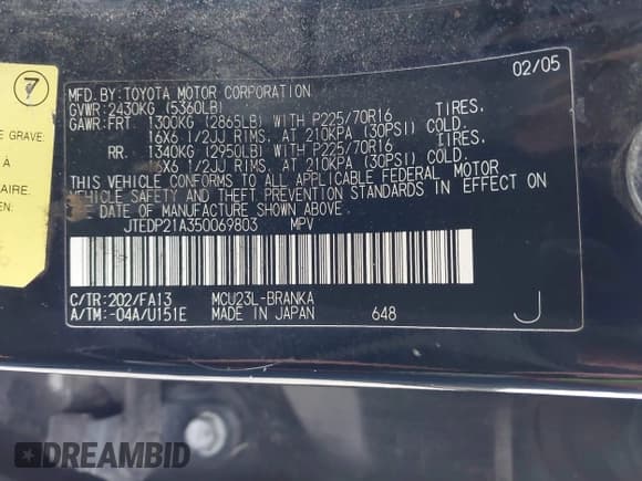 ✅ 2005 Toyota Highlander • VIN: JTEDP21A350069803 • Lot: 43754448. Wystawiony na IAAI z przebiegiem 187 678 mil. Bezpłatny archiwum sprzedaży aukcyjnych z USA i szczegółowy raport historii pojazdu na DreamBid. Zdjęcie 9.