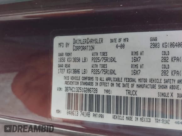 ✅ 2001 Dodge 1500 • VIN: 3B7HC13Z51G206728 • Lot: 42906539. Listed on IAAI with 155,521 mi. Free auction sales archive from the USA and detailed vehicle history report at DreamBid. Image 9.