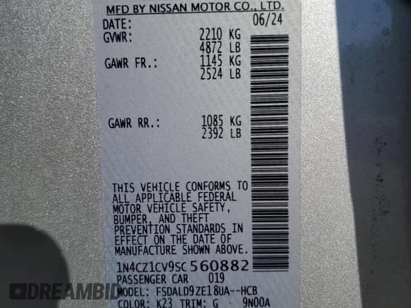 ✅ 2025 Nissan LEAF SV Plus • VIN: 1N4CZ1CV9SC560882 • Лот: 67996955. Опубликован ранее на Copart с пробегом 2 719 миль. Бесплатный доступ к архиву аукционных продаж из США и подробный отчёт об истории автомобиля на DreamBid. Изображение 12.