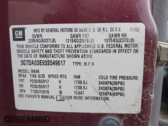 ✅ 2003 Pontiac Aztek • VIN: 3G7DA03E93S549617 • Lot: 42852580. Listed on IAAI with Not provided. Free auction sales archive from the USA and detailed vehicle history report at DreamBid. Image 8.