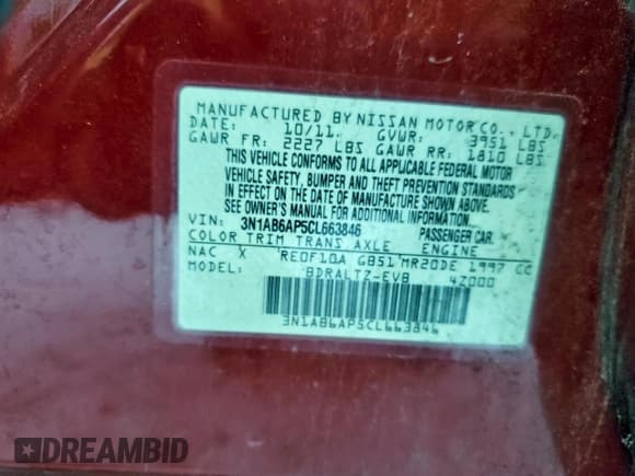 ✅ 2012 Nissan Sentra S • VIN: 3N1AB6AP5CL663846 • Lot: 94669465. Wystawiony na Copart z przebiegiem Nie podano. Bezpłatny archiwum sprzedaży aukcyjnych z USA i szczegółowy raport historii pojazdu na DreamBid. Zdjęcie 12.