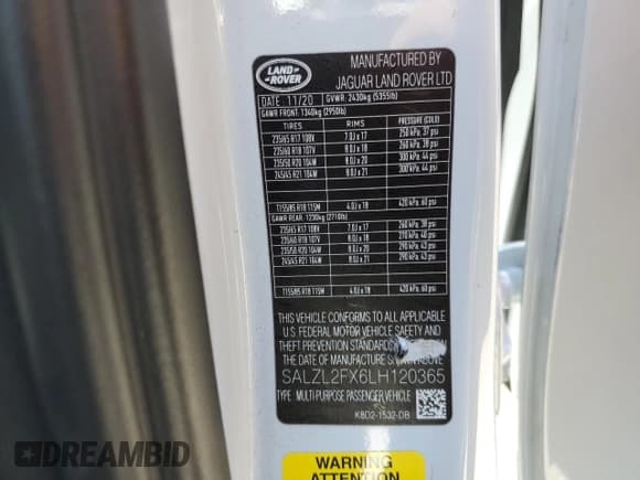 ✅ 2020 Land Rover Range Rover Evoque First Edition • VIN: SALZL2FX6LH120365 • Lot: 68196435. Listed on Copart with 62,271 mi. Free auction sales archive from the USA and detailed vehicle history report at DreamBid. Image 13.