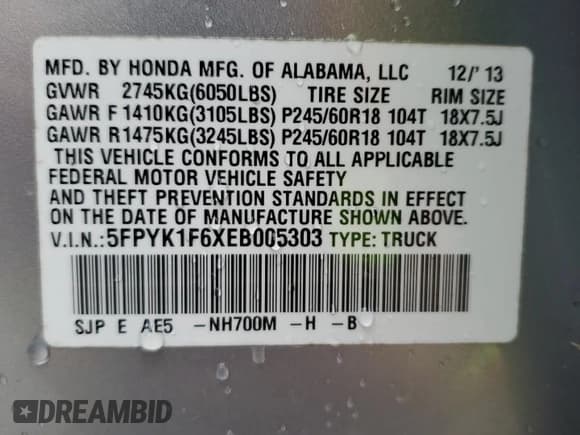 ✅ 2014 Honda Ridgeline SE • VIN: 5FPYK1F6XEB005303 • Lot: 48964635. Wystawiony na Copart z przebiegiem 120 826 mil. Bezpłatny archiwum sprzedaży aukcyjnych z USA i szczegółowy raport historii pojazdu na DreamBid. Zdjęcie 12.