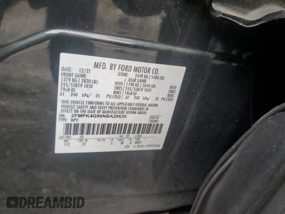 ✅ 2022 Ford Edge SE • VIN: 2FMPK4G99NBA28630 • Lot: 84295735. Listed on Copart with 108,896 mi. Free auction sales archive from the USA and detailed vehicle history report at DreamBid. Image 13.