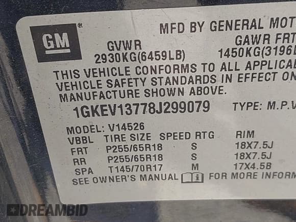 ✅ 2008 GMC Acadia SLE1 • VIN: 1GKEV13778J299079 • Lot: 42623105. Listed on IAAI with 160,210 mi. Free auction sales archive from the USA and detailed vehicle history report at DreamBid. Image 9.