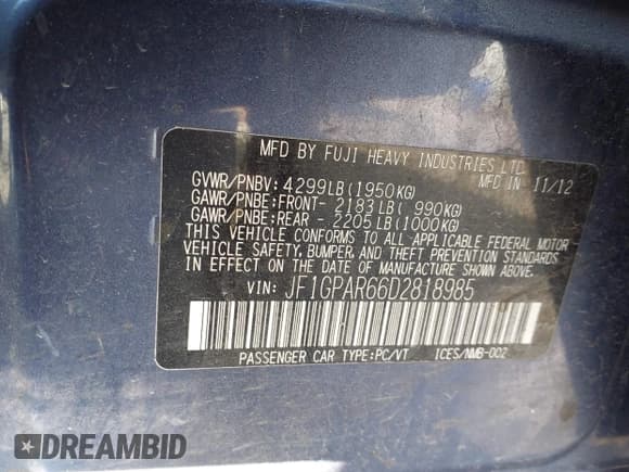 ✅ 2013 Subaru Impreza Special Sports Limited • VIN: JF1GPAR66D2818985 • Lot: 43713170. Wystawiony na IAAI z przebiegiem 138 476 mil. Bezpłatny archiwum sprzedaży aukcyjnych z USA i szczegółowy raport historii pojazdu na DreamBid. Zdjęcie 9.