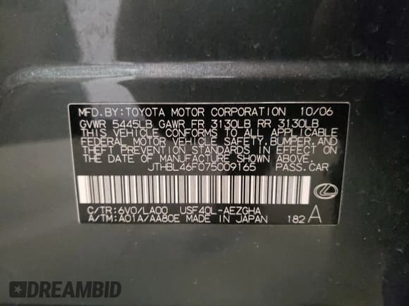 ✅ 2007 Lexus LS 460 • VIN: JTHBL46F075009165 • Lot: 56153045. Listed on Copart with 222,580 mi. Free auction sales archive from the USA and detailed vehicle history report at DreamBid. Image 12.