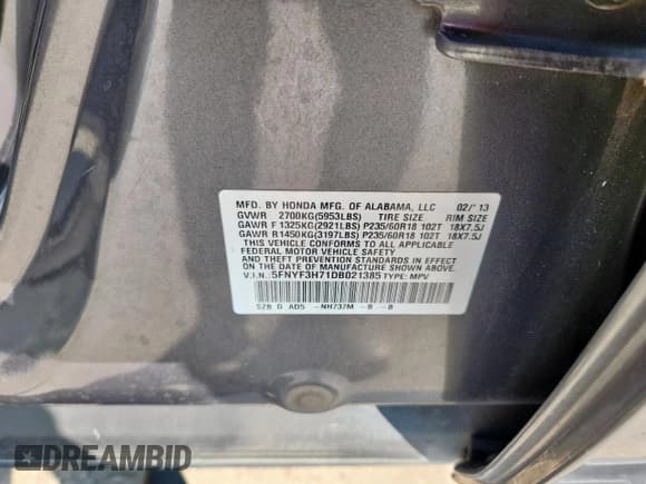 ✅ 2013 Honda Pilot EX-L • VIN: 5FNYF3H71DB021385 • Lot: 84199325. Listed on Copart with 194,545 mi. Free auction sales archive from the USA and detailed vehicle history report at DreamBid. Image 13.