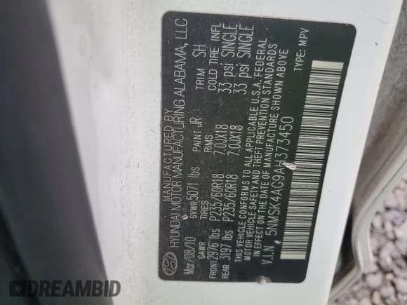 ✅ 2010 Hyundai Santa Fe Limited • VIN: 5NMSK4AG9AH373450 • Lot: 81157344. Listed on Copart with 239,273 mi. Free auction sales archive from the USA and detailed vehicle history report at DreamBid. Image 13.