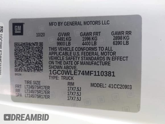 ✅ 2021 Chevrolet Silverado 2500HD Work Truck • VIN: 1GC0WLE74MF110381 • Lot: 43450433. Listed on IAAI with 172,393 mi. Free auction sales archive from the USA and detailed vehicle history report at DreamBid. Image 9.