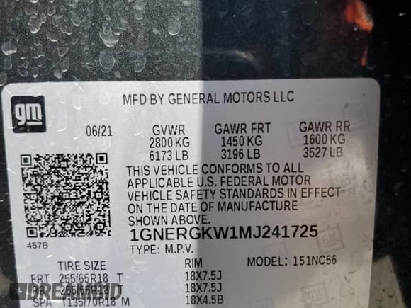 ✅ 2021 Chevrolet Traverse LT Cloth • VIN: 1GNERGKW1MJ241725 • Lot: 87016485. Listed on Copart with 54,337 mi. Free auction sales archive from the USA and detailed vehicle history report at DreamBid. Image 14.