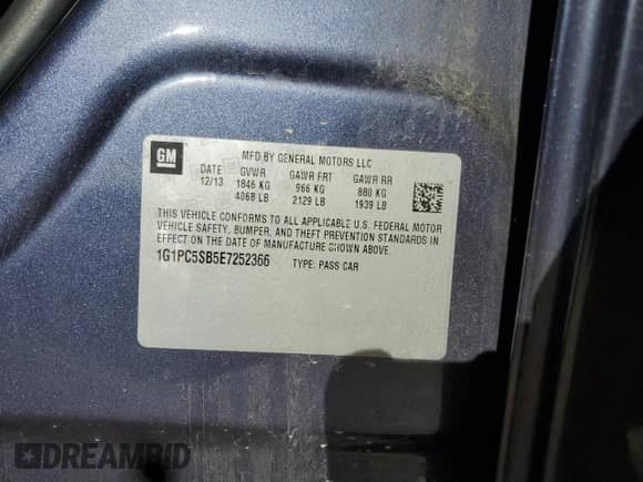 2014 Chevrolet Cruze 1LT с VIN 1G1PC5SB5E7252366, выставлен на аукционе Copart как лот 84833505 с пробегом 118 153 миль миль и Списание • Salvage title. История ставок и продаж доступна на DreamBid. Изображение 12.