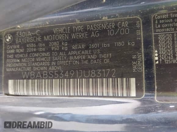 2001 BMW 3 Series 330Ci with VIN WBABS53491JU83172, listed as a IAAI auction lot 42643364 with 92,798 mi miles and . Bid and sale history available at DreamBid. Image 9.