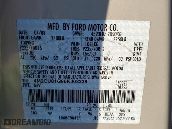 2009 Mercury Mariner с VIN 4M2CU81G99KJ02338, выставлен на аукционе Copart как лот 88337675 с пробегом 82 115 миль миль и Списание • Salvage title. История ставок и продаж доступна на DreamBid. Изображение 13.