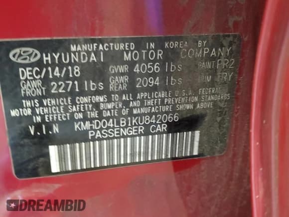 ✅ 2019 Hyundai Elantra Sport • VIN: KMHD04LB1KU842066 • Lot: 69753475. Listed on Copart with 87,907 mi. Free auction sales archive from the USA and detailed vehicle history report at DreamBid. Image 13.