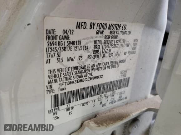 ✅ 2012 Ford F-350 XL • VIN: 1FT8W3B68CEB96832 • Lot: 55088205. Listed on Copart with 210,375 mi. Free auction sales archive from the USA and detailed vehicle history report at DreamBid. Image 12.