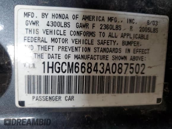 ✅ 2003 Honda Accord EX • VIN: 1HGCM66843A087502 • Lot: 50662015. Wystawiony na Copart z przebiegiem 130 341 mil. Bezpłatny archiwum sprzedaży aukcyjnych z USA i szczegółowy raport historii pojazdu na DreamBid. Zdjęcie 12.