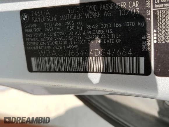 ✅ 2004 BMW 7 Series 745Li • VIN: WBAGN63444DS47664 • Lot: 71046044. Listed on Copart with 144,598 mi. Free auction sales archive from the USA and detailed vehicle history report at DreamBid. Image 14.