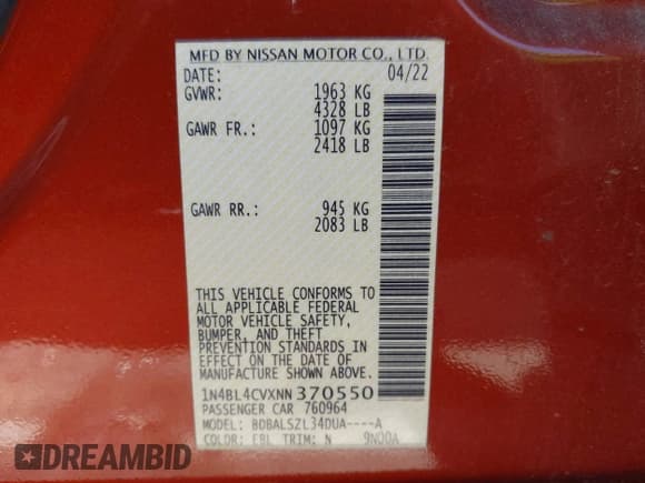 ✅ 2022 Nissan Altima SR • VIN: 1N4BL4CVXNN370550 • Лот: 43441355. Опубликован ранее на IAAI с пробегом 53 760 миль. Бесплатный доступ к архиву аукционных продаж из США и подробный отчёт об истории автомобиля на DreamBid. Изображение 9.