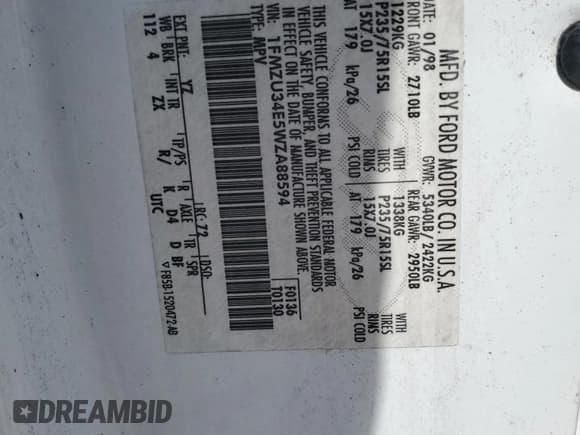 ✅ 1998 Ford Explorer XL • VIN: 1FMZU34E5WZA88594 • Лот: 50847355. Опубликован ранее на Copart с пробегом 146 183 миль. Бесплатный доступ к архиву аукционных продаж из США и подробный отчёт об истории автомобиля на DreamBid. Изображение 13.